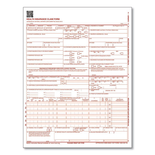 Cms Health Insurance Claim Form, One-part, 8.5 X 11, 100 Forms