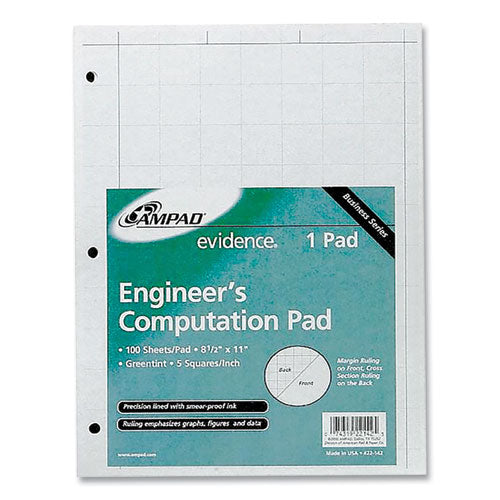 Evidence Engineer's Computation Pad, 5 Sq-in Quadrille Rule, 8.5 X 11, Green Tint, 100 Sheets-pad