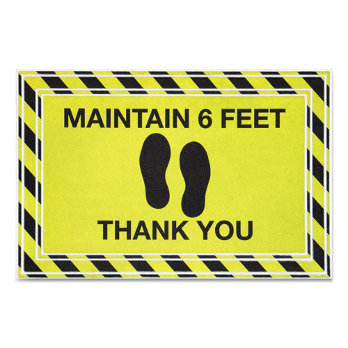 Message Floor Mats, 24 X 36, Black-yellow, "maintain 6 Feet Thank You"
