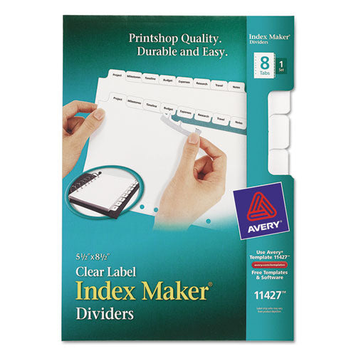 Print And Apply Index Maker Clear Label Dividers With Label Strip-white Tabs, 7-hole Punched, 8-tab, 8.5 X 5.5, White, 1 Set