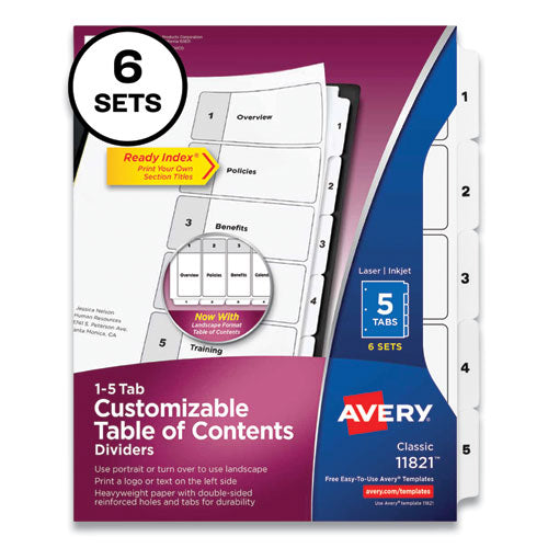 Customizable Table Of Contents Ready Index Black And White Dividers, 5-tab, 1 To 5, 11 X 8.5, 6 Sets