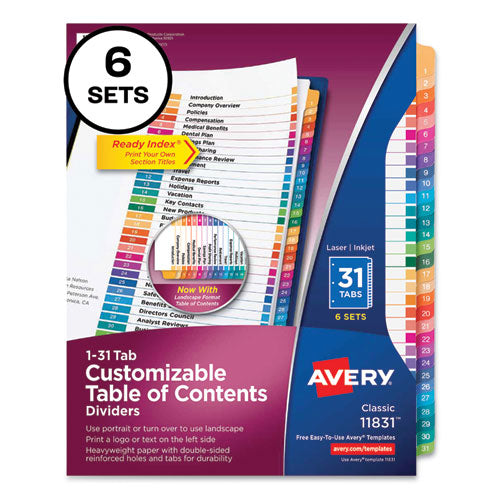 Customizable Table Of Contents Ready Index Multicolor Dividers, 31-tab, 1 To 31, 11 X 8.5, 6 Sets