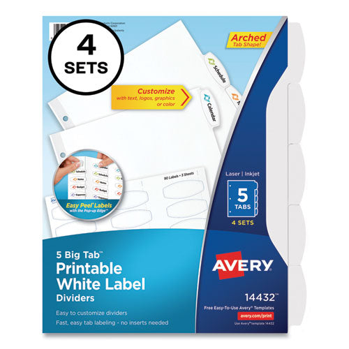 Big Tab Printable White Label Tab Dividers, 5-tab, Letter, White, 4 Sets