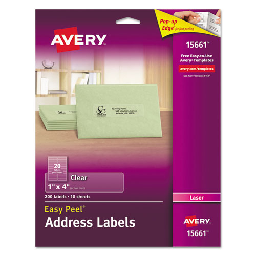 Matte Clear Easy Peel Mailing Labels W- Sure Feed Technology, Laser Printers, 1 X 4, Clear, 20-sheet, 10 Sheets-pack