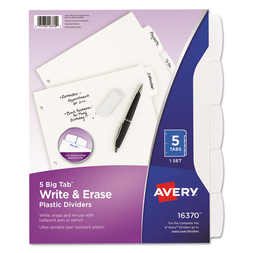 Write And Erase Big Tab Durable Plastic Dividers, 3-hole Punched, 5-tab, 11 X 8.5, White