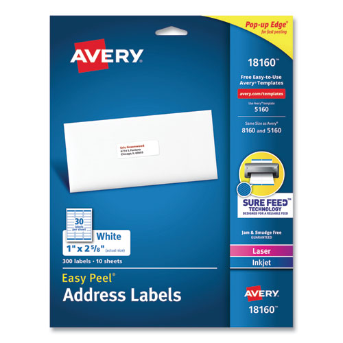 Easy Peel White Address Labels With Sure Feed Technology, Inkjet Printers, 1 X 2.63, White, 30-sheet, 10 Sheets-pack