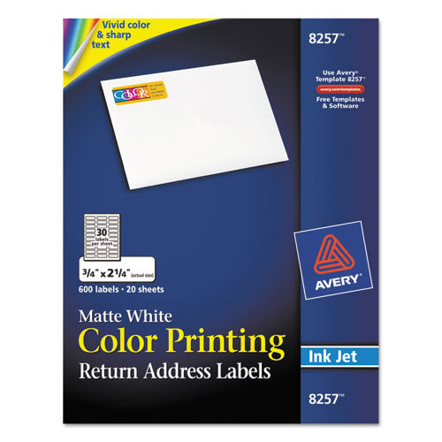 Vibrant Color Printing Mailing Labels, Inkjet Printers, 0.75 X 2.25, Matte White, 30-sheet, 20 Sheets-pack