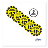 Social Distancing Floor Decals, 10.5" Dia, Please Wait Here, Yellow-black Face, Black Graphics, 5-pack