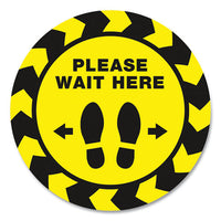 Social Distancing Floor Decals, 10.5" Dia, Please Wait Here, Yellow-black Face, Black Graphics, 5-pack