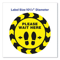 Social Distancing Floor Decals, 10.5" Dia, Please Wait Here, Yellow-black Face, Black Graphics, 5-pack