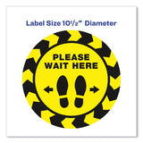 Social Distancing Floor Decals, 10.5" Dia, Please Wait Here, Yellow-black Face, Black Graphics, 5-pack