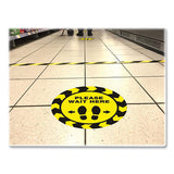 Social Distancing Floor Decals, 10.5" Dia, Please Wait Here, Yellow-black Face, Black Graphics, 5-pack