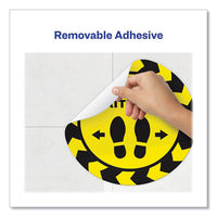 Social Distancing Floor Decals, 10.5" Dia, Please Wait Here, Yellow-black Face, Black Graphics, 5-pack
