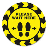 Social Distancing Floor Decals, 10.5" Dia, Please Wait Here, Yellow-black Face, Black Graphics, 5-pack