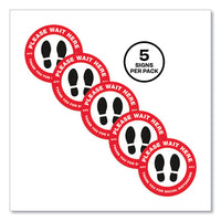 Social Distancing Floor Decals, 10.5" Dia, Please Wait Here, Red-white Face, Black Graphics, 5-pack
