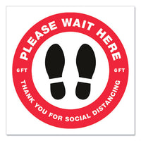 Social Distancing Floor Decals, 10.5" Dia, Please Wait Here, Red-white Face, Black Graphics, 5-pack