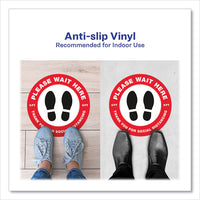 Social Distancing Floor Decals, 10.5" Dia, Please Wait Here, Red-white Face, Black Graphics, 5-pack