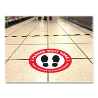 Social Distancing Floor Decals, 10.5" Dia, Please Wait Here, Red-white Face, Black Graphics, 5-pack