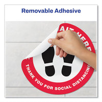 Social Distancing Floor Decals, 10.5" Dia, Please Wait Here, Red-white Face, Black Graphics, 5-pack