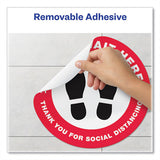 Social Distancing Floor Decals, 10.5" Dia, Please Wait Here, Red-white Face, Black Graphics, 5-pack