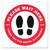 Social Distancing Floor Decals, 10.5" Dia, Please Wait Here, Red-white Face, Black Graphics, 5-pack
