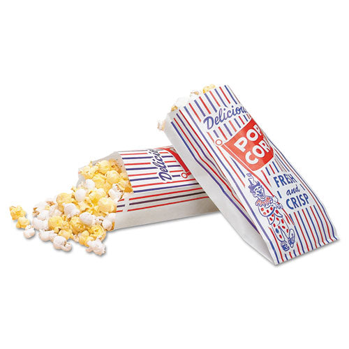 Pinch-bottom Paper Popcorn Bag, 4w X 1-1-2d X 8h, Blue-red-white, 1000-carton