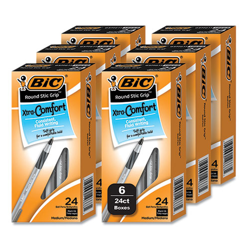 Round Stic Grip Xtra Comfort Ballpoint Pen, Medium 1 Mm, Black Ink, Gray/black, 24/box, 6 Boxes/pack