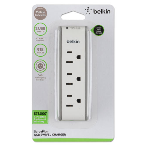 Surgeplus Usb Swivel Charger, 3 Outlets-2 Usb Ports, 918 Joules, White