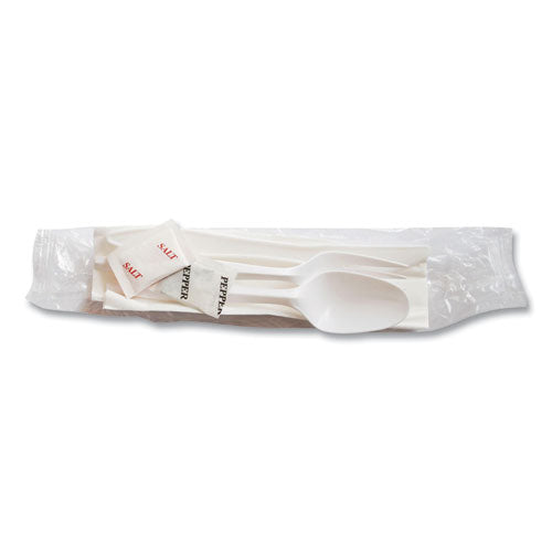 Mediumweight Cutlery Kit, Plastic Fork-spoon-knife-salt-pep-napkin, White, 250-carton