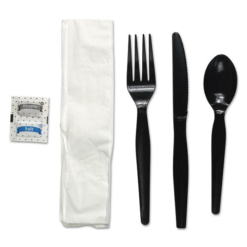 Six-piece Cutlery Kit, Condiment-fork-knife-napkin-spoon, Heavyweight, Black, 250-carton