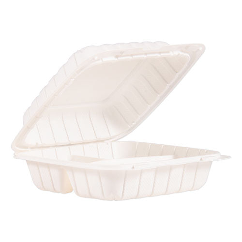 Hinged Lid Three Compartment Containers, 8.3" X 8" X 3", White, 150-carton