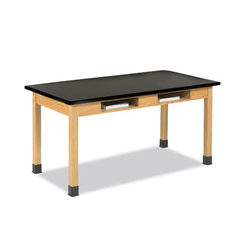 Classroom Book Compartment Science Table, 48w X 24d X 30h, Black Chemguard High Pressure Laminate (hpl) Top, Oak Base