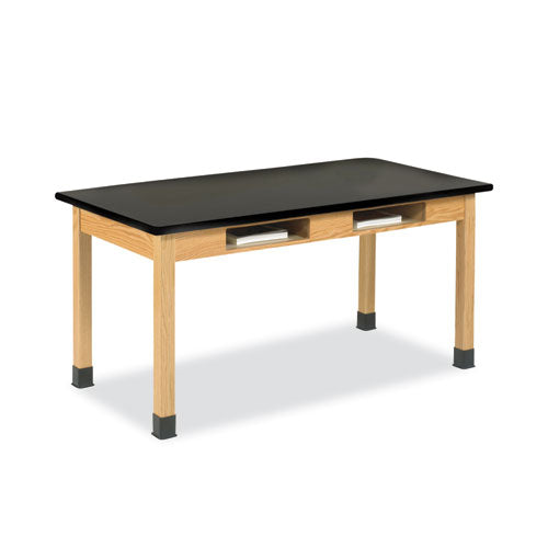 Classroom Book Compartment Science Table, 48w X 24d X 30h, Black High Pressure Laminate (hpl) Top, Oak Base
