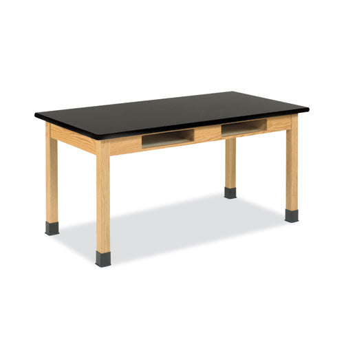 Classroom Book Compartment Science Table, 54w X 24d X 36h, Black High Pressure Laminate (hpl) Top, Oak Base