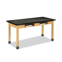 Classroom Book Compartment Science Table, 60w X 24d X 30h, Black Epoxy Resin Top, Oak Base