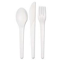 Plantware Compostable Cutlery Kit, Knife-fork-spoon-napkin, 6", Pearl White, 250 Kits-carton