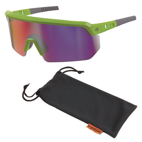 Skullerz Aegir Safety Glasses, Mirrored Lenses, Lime Nylon Frame, Purple Mirror Polycarbonate Lens, Ships In 1-3 Bus Days