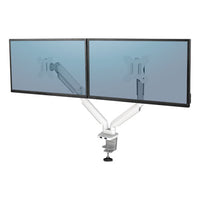 Platinum Series Dual Monitor Arm, For 27" Monitors, 360 Deg Rotation, 45 Deg Tilt, 180 Deg Pan, White, Supports 20 Lb