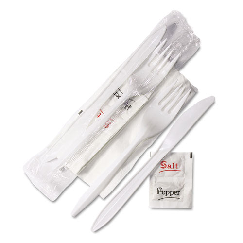 Wrapped Cutlery Kit, 6.25", Fork-knife-napkin-salt-pepper, Polypropylene, White, 500-carton