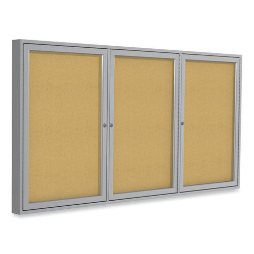 3 Door Enclosed Natural Cork Bulletin Board With Satin Aluminum Frame, 72 X 48, Tan Surface, Ships In 7-10 Business Days