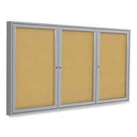 3 Door Enclosed Vinyl Bulletin Board With Satin Aluminum Frame, 72 X 48, Silver Surface, Ships In 7-10 Business Days