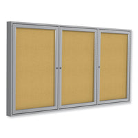 3 Door Enclosed Natural Cork Bulletin Board With Satin Aluminum Frame, 96 X 48, Tan Surface, Ships In 7-10 Business Days