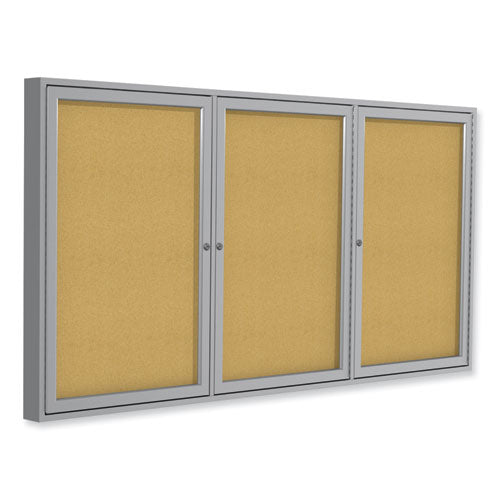 3 Door Enclosed Natural Cork Bulletin Board With Satin Aluminum Frame, 96 X 48, Tan Surface, Ships In 7-10 Business Days