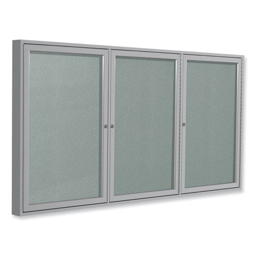 3 Door Enclosed Vinyl Bulletin Board With Satin Aluminum Frame, 96 X 48, Silver Surface, Ships In 7-10 Business Days