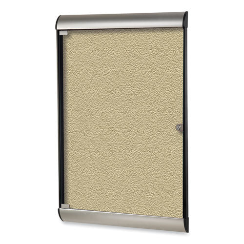 Silhouette 1 Door Enclosed Caramel Vinyl Bulletin Board With Satin/black Frame, 27.75 X 42.13, Ships In 7-10 Business Days