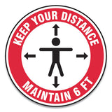 Slip-gard Social Distance Floor Signs, 17" Circle, "keep Your Distance Maintain 6 Ft", Human-arrows, Red-white, 25-pack