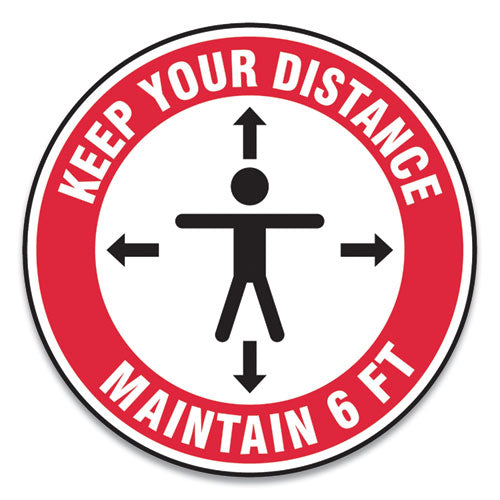 Slip-gard Social Distance Floor Signs, 17" Circle, "keep Your Distance Maintain 6 Ft", Human-arrows, Red-white, 25-pack