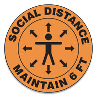Slip-gard Social Distance Floor Signs, 17" Circle, "social Distance Maintain 6 Ft", Human-arrows, Orange, 25-pack