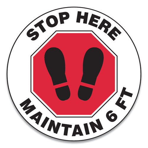 Slip-gard Social Distance Floor Signs, 12" Circle, "stop Here Maintain 6 Ft", Footprint, Red-white, 25-pack
