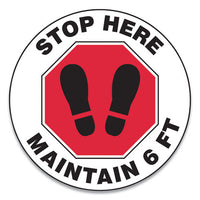 Slip-gard Social Distance Floor Signs, 17" Circle, "stop Here Maintain 6 Ft", Footprint, Red-white, 25-pack